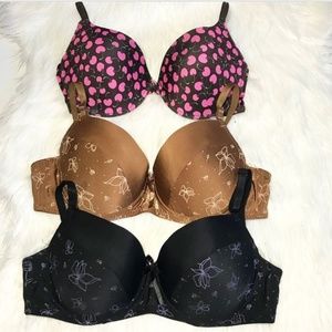3 Bra Bundle 38D Cherry / Floral Black Brown Pink